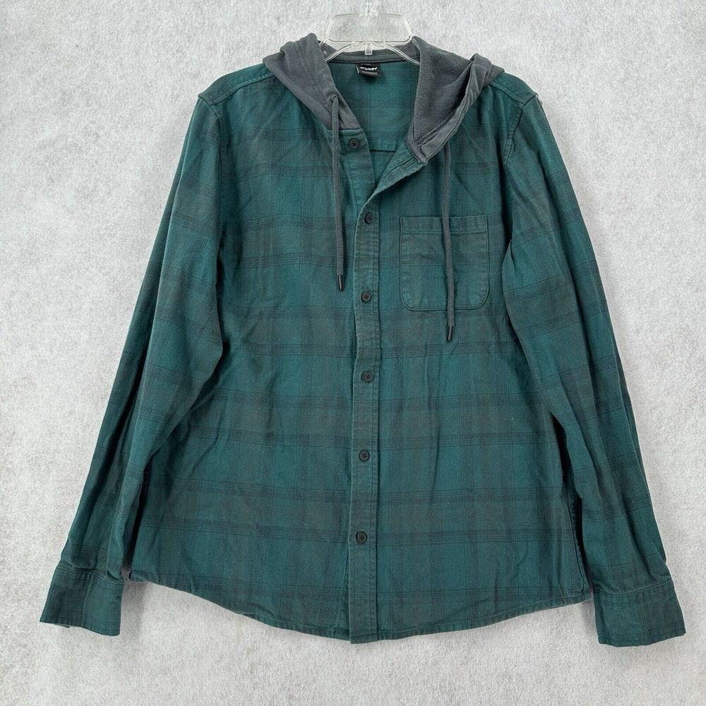 Oakley Flannel Hooded‎ Shirt Men's Large Green Black Plaid Hoodie Long Sleeve